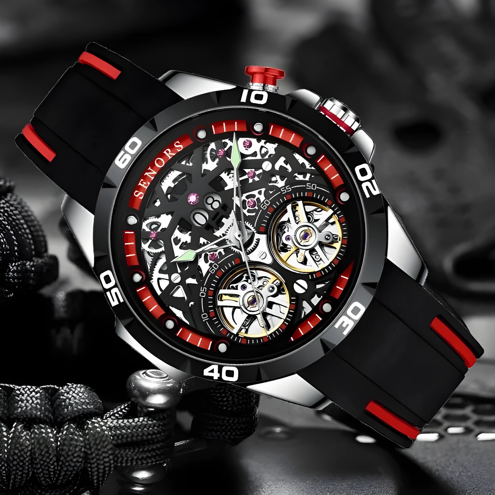 Automatic mechanical men's watch with a skeleton dial and luminous hands in blue on a wrist.