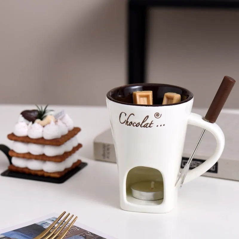Ceramic binaural hot pot cup in red with wooden handle and candle for melting chocolate
