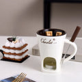 Ceramic binaural hot pot cup in red with wooden handle and candle for melting chocolate