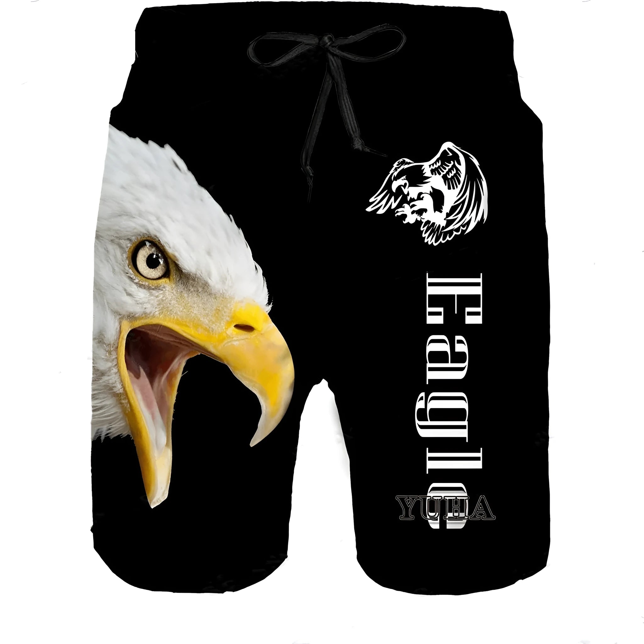 Men's sports beach shorts with eagle pattern print, straight leg, medium elastic waist, summer casual wear