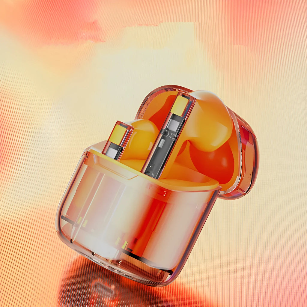 YX06 transparent case wireless TWS earbuds in white, black, green, or orange colours.