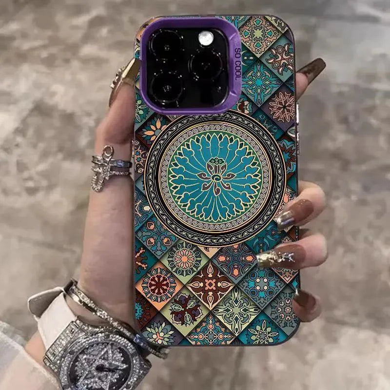 Ethnic pattern hard PC phone case for iPhone with matte anti-slip finish in silver colour