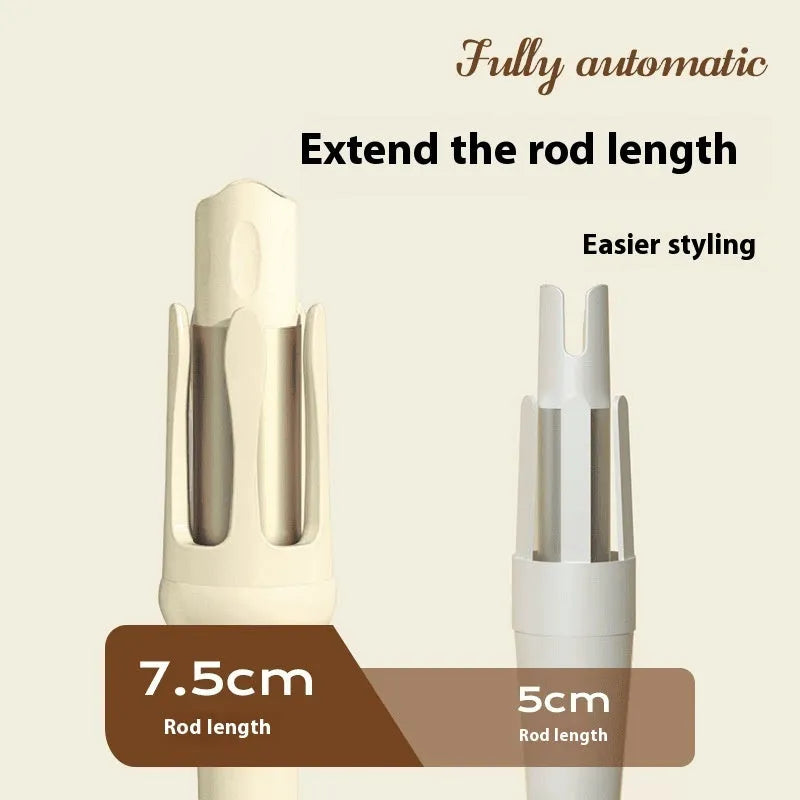White and pink automatic hair curler with a rotating 32mm ceramic barrel and international plug adapters.