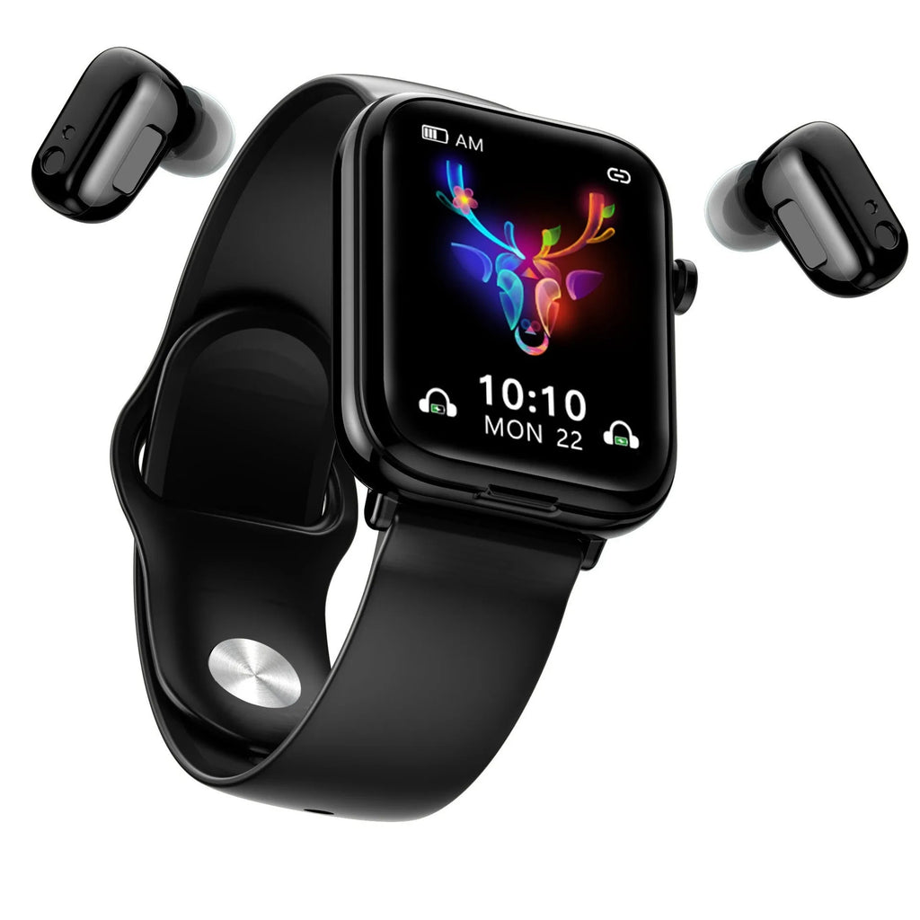 Black smartwatch with wireless earbuds and charging case on a wrist, showing a 1.69-inch touchscreen display.
