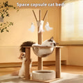 Wooden cat climbing frame with integrated space capsule pet bed in natural wood colour