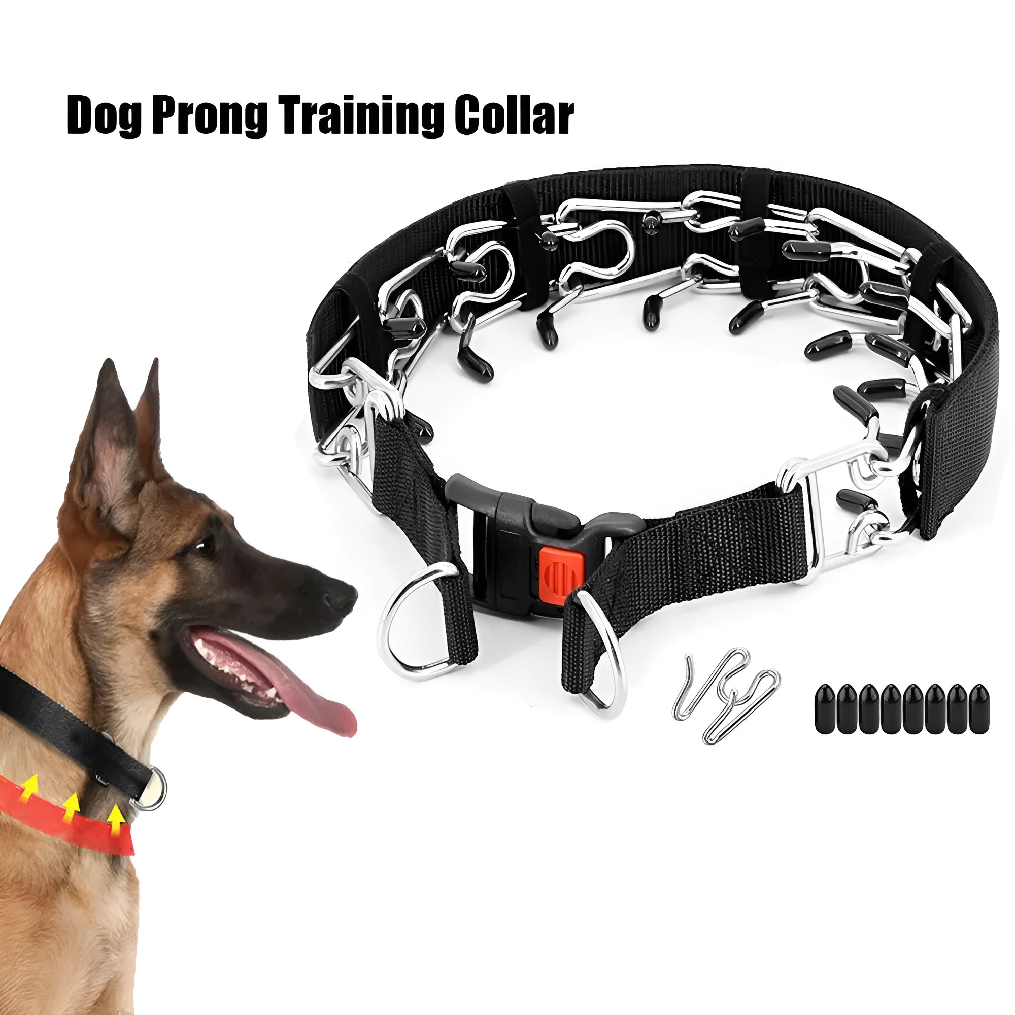 Stimulation dog training collar with prongs, nylon cover, and reflective strip in various colours and sizes.