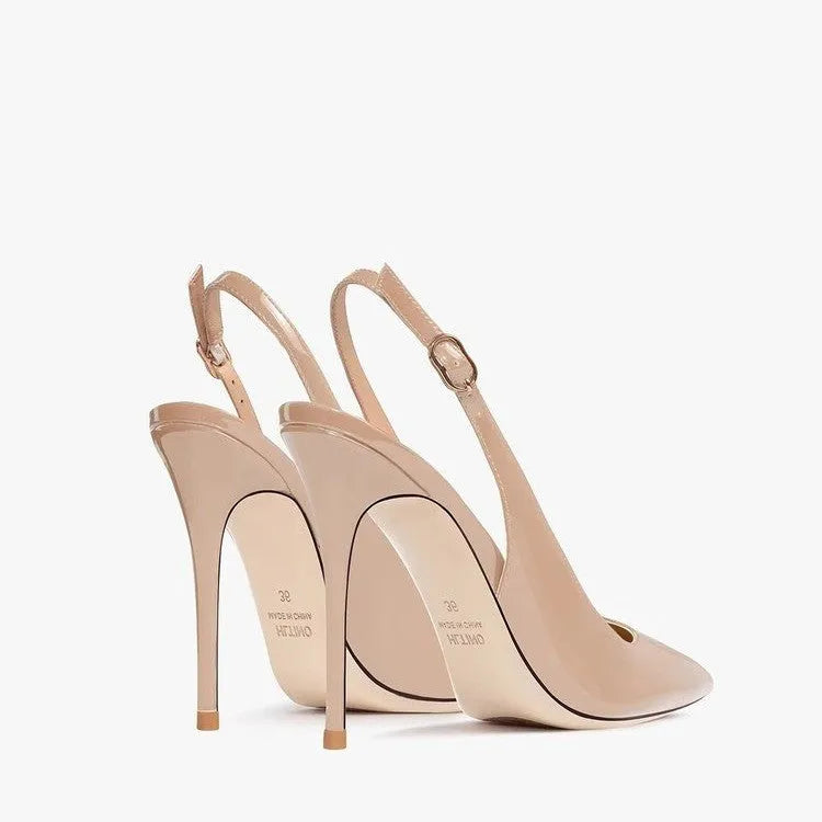 Nude women's high heels with hollow ankle-strap and button fastening.