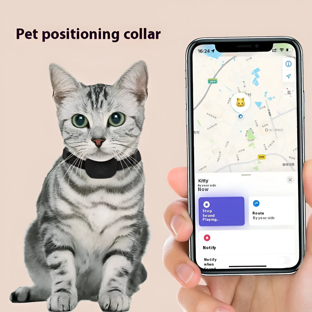 Adjustable pet positioning collar with Bluetooth tracker in black, blue, or pink colours for cats and puppies