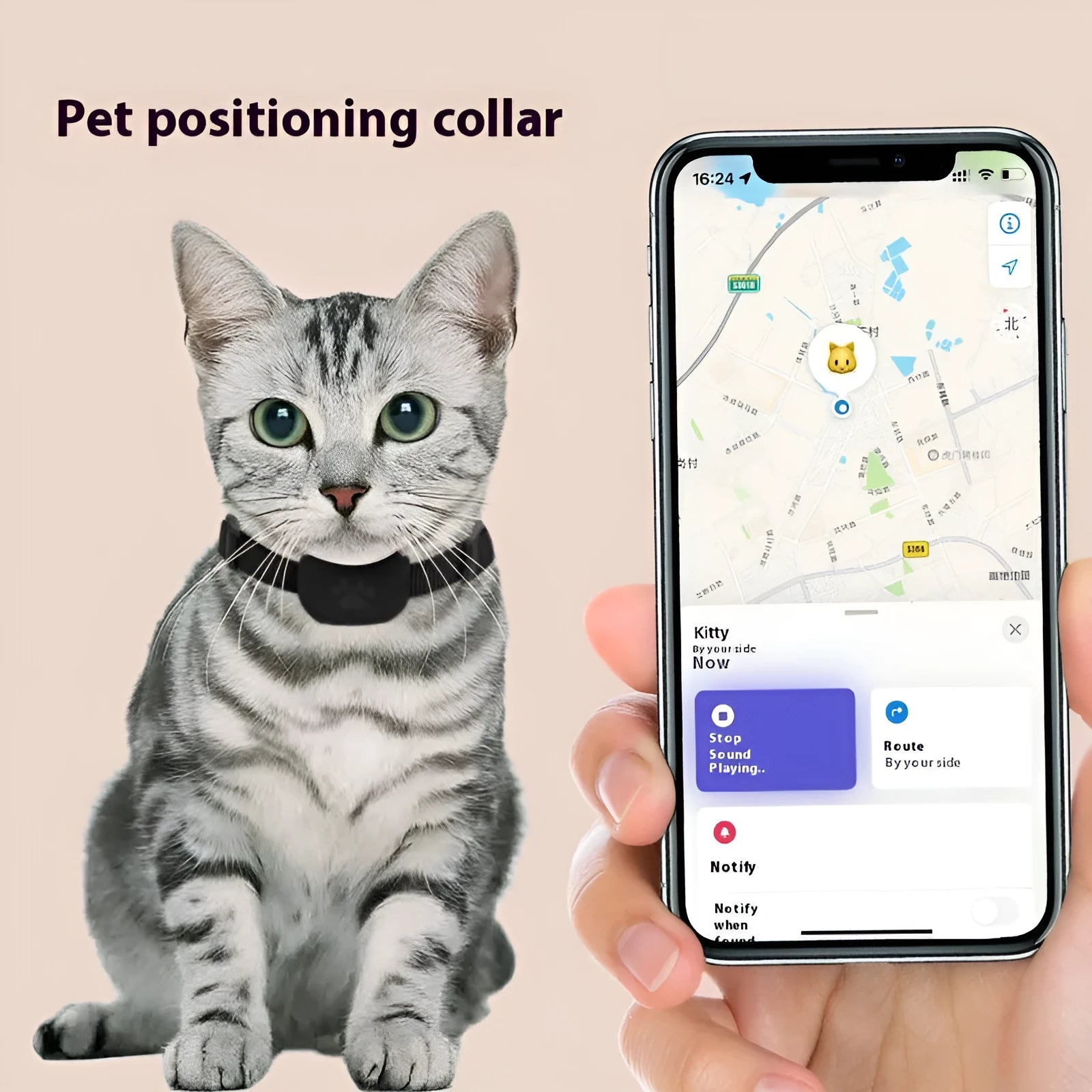 Adjustable pet positioning collar with Bluetooth tracker in black, blue, or pink colours for cats and puppies