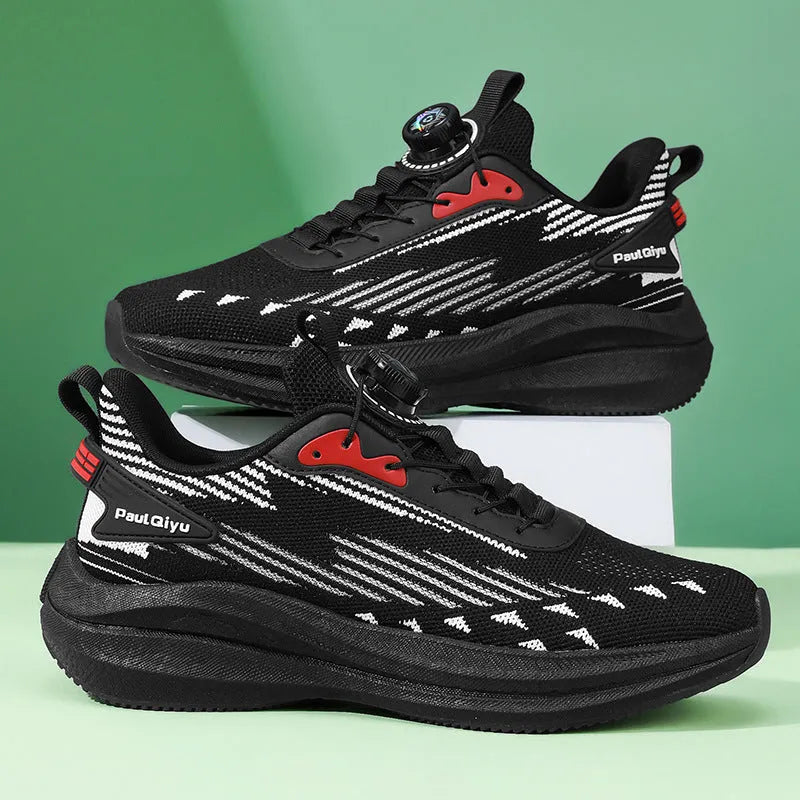 Men's rotating buckle fly-kit mesh running shoes in white green, grey and black colours with low-top design