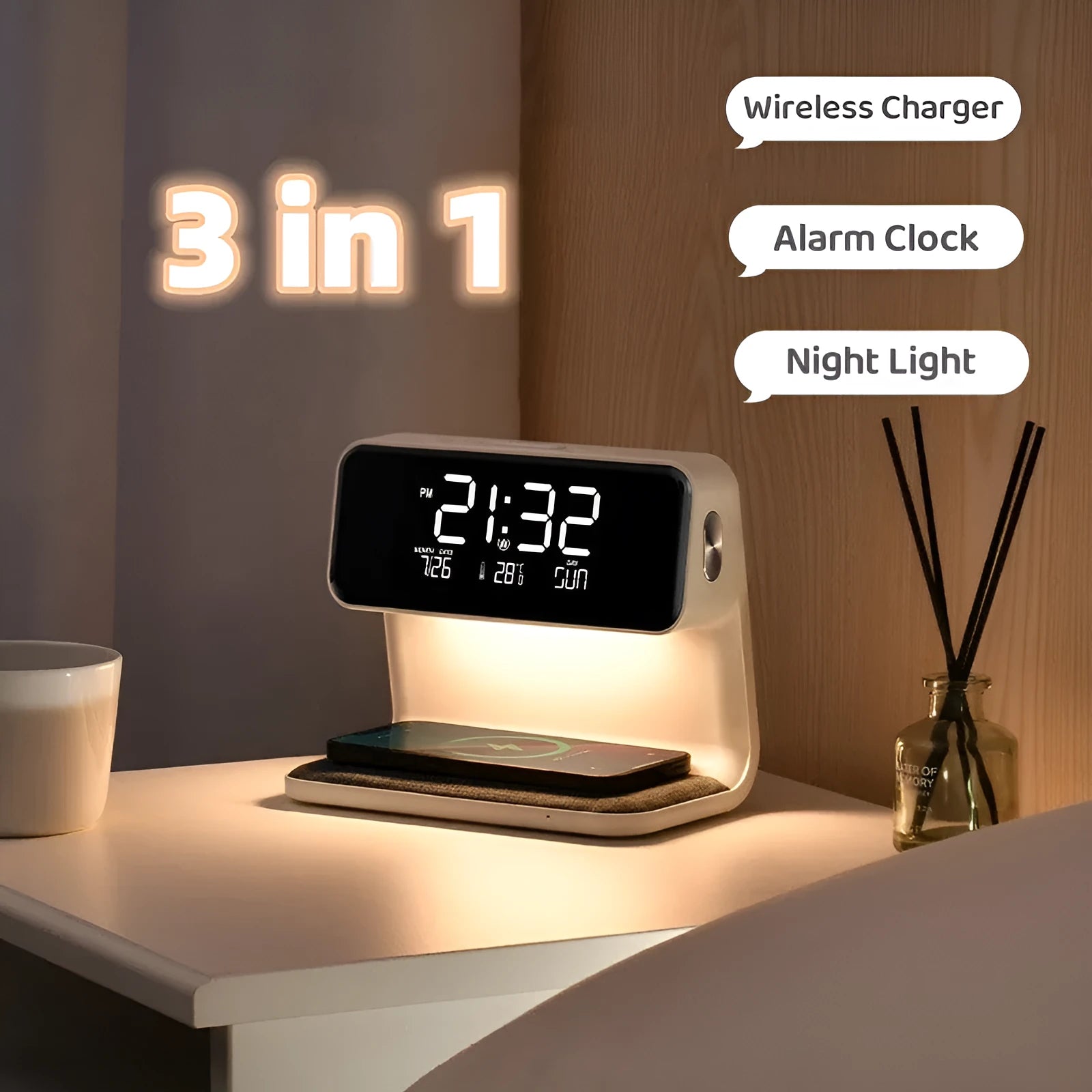 White bedside lamp with wireless charging pad and LCD clock display on base