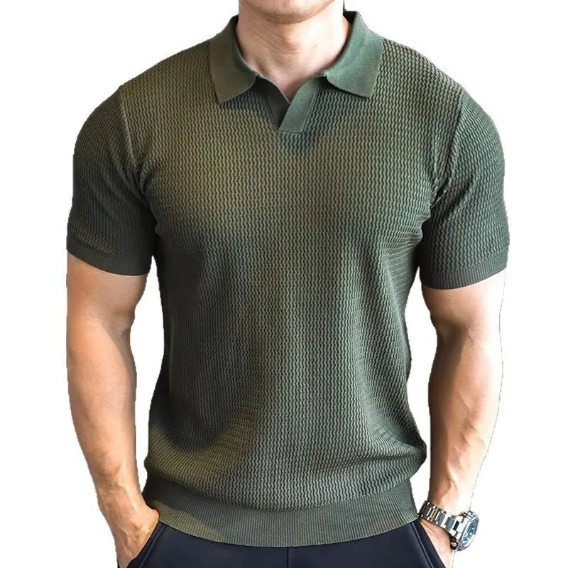 Men's button henry collar slim fit polo shirt in solid colour on a white background.