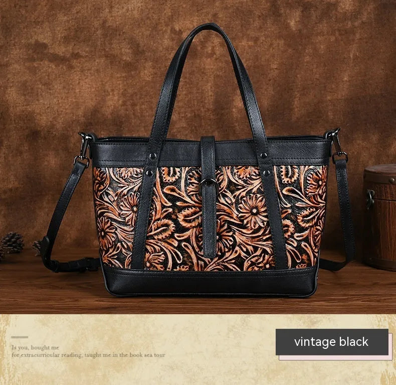 First layer cowhide hand carved skeleton-skin horizontal square crossbody bag in retro brown