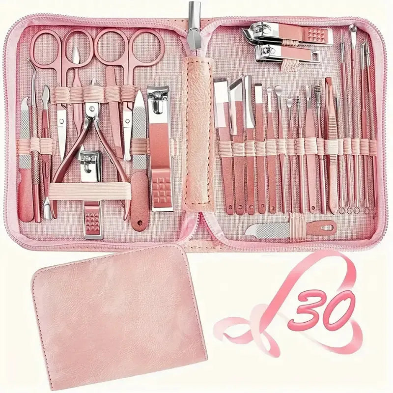 30-piece stainless steel nail tool set showing clippers, files, and pushers in a case.