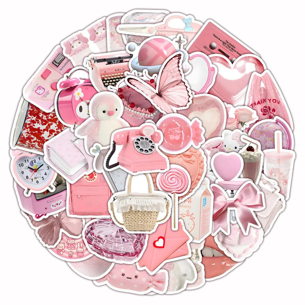 Set of 63 realistic 3D decorative stickers with cute pink girl heart designs.