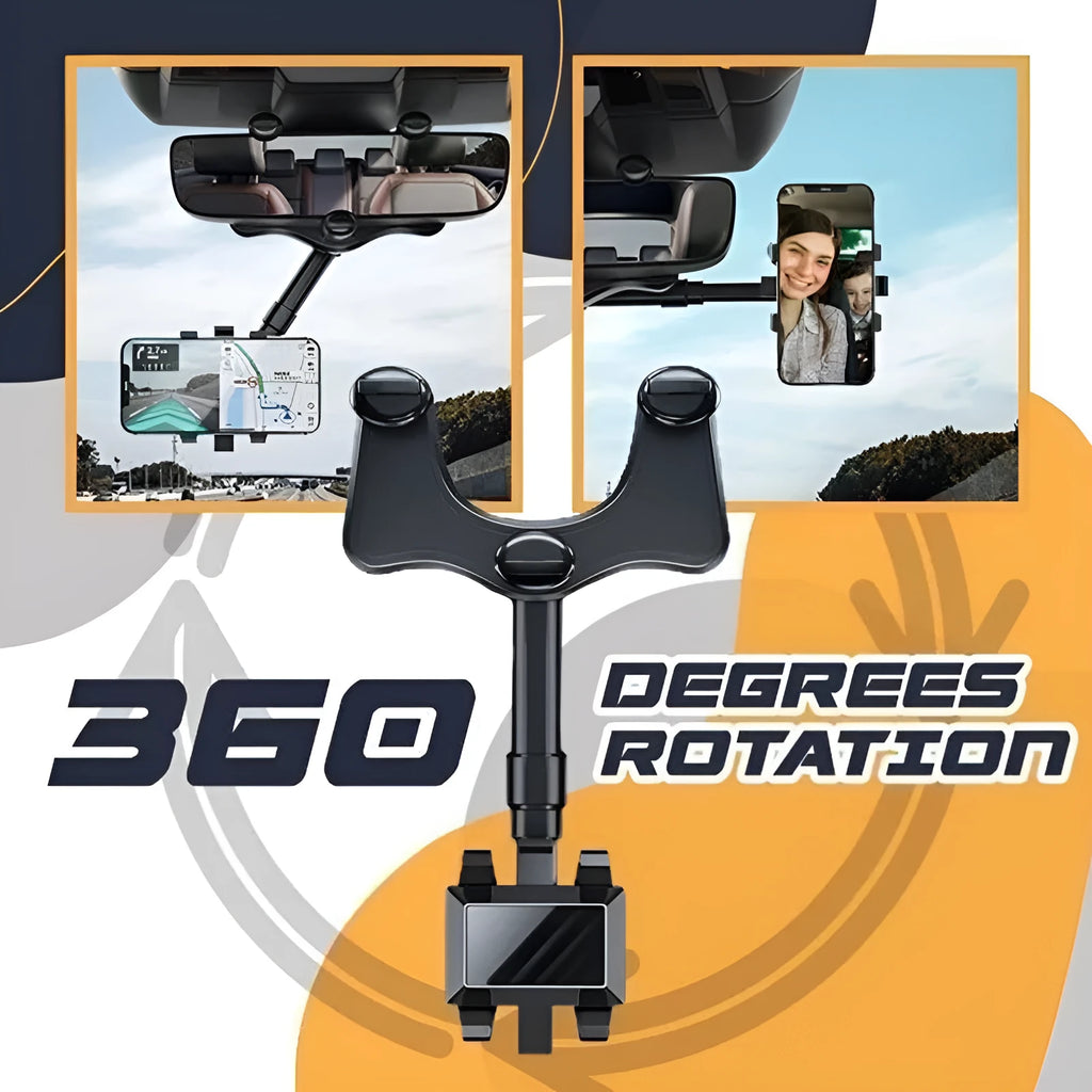 Black rearview mirror car phone holder with retractable arm and 360-degree rotating phone clamp.