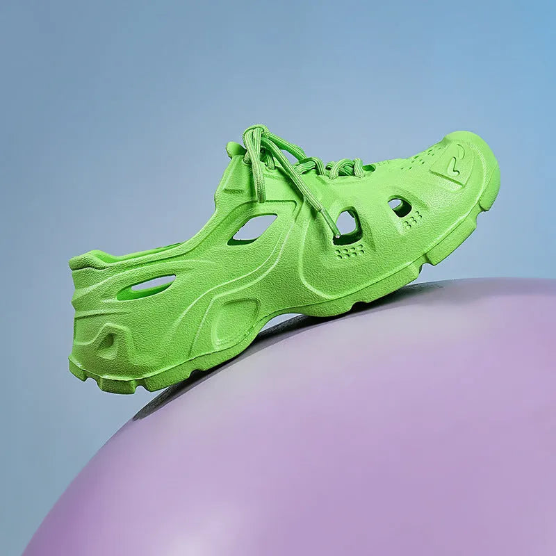 Unisex EVA sandals with thick sole in fluorescent green, orange red, and rose red colours
