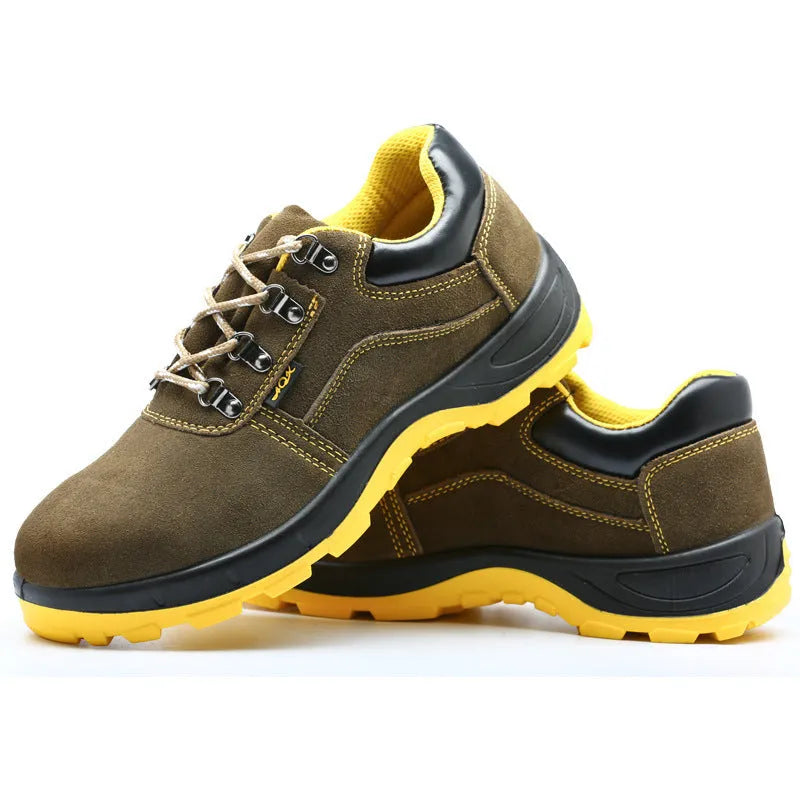 Bronze cow suede steel toe safety shoes showing low-cut design and non-slip sole pattern