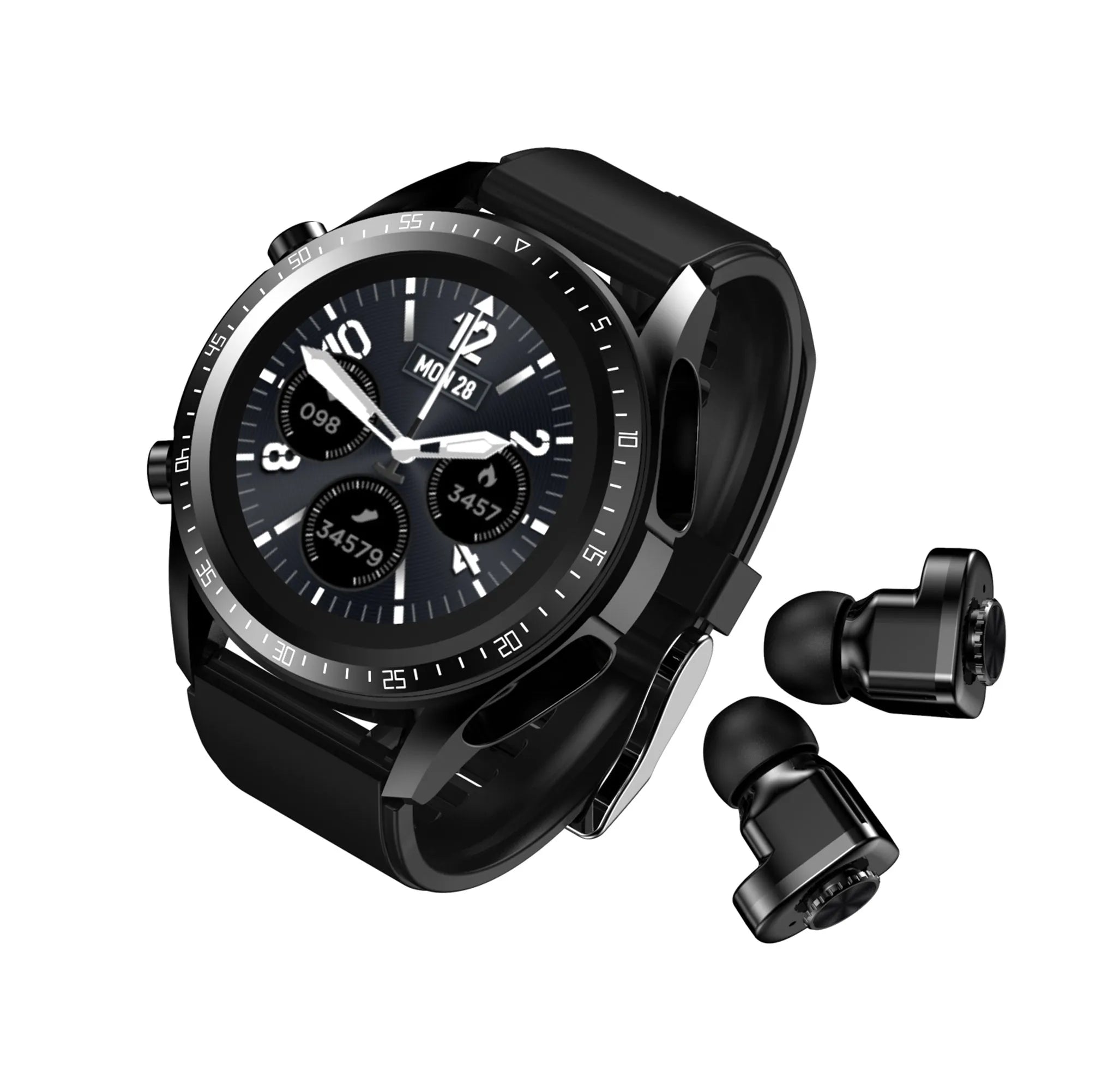 Black smart watch with stainless steel case, round dial, and separate smart bracelet call functionality