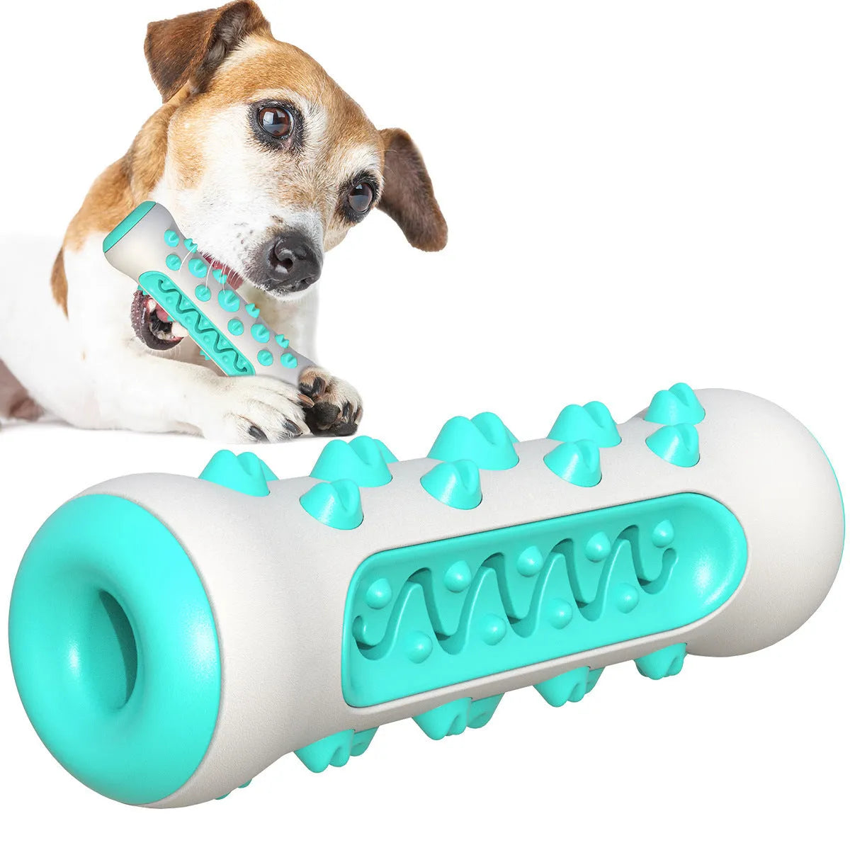 Natural rubber dog dental chew toy with textured toothbrush surface in blue colour