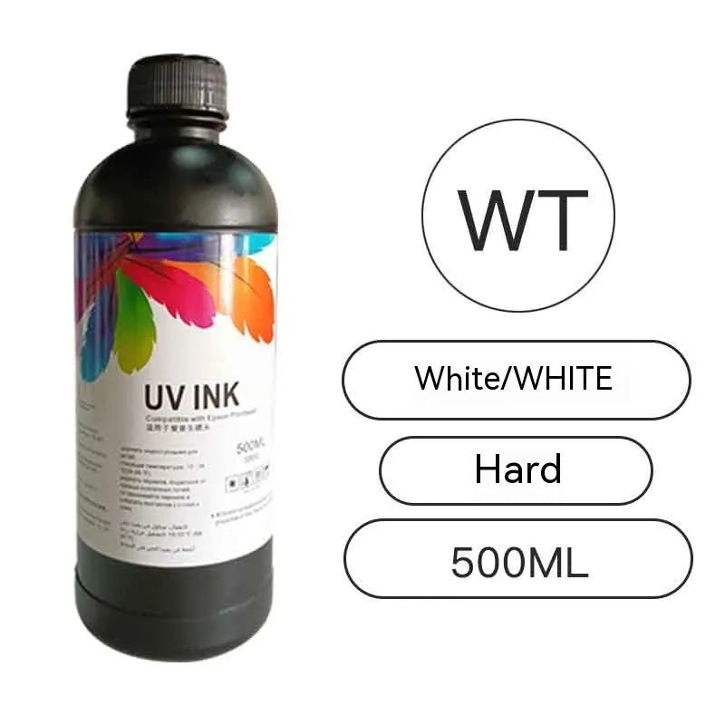 500ml bottle of Epson-compatible UV printer ink in black, cyan, magenta, yellow, light cyan, light magenta, white, and glossy colours.