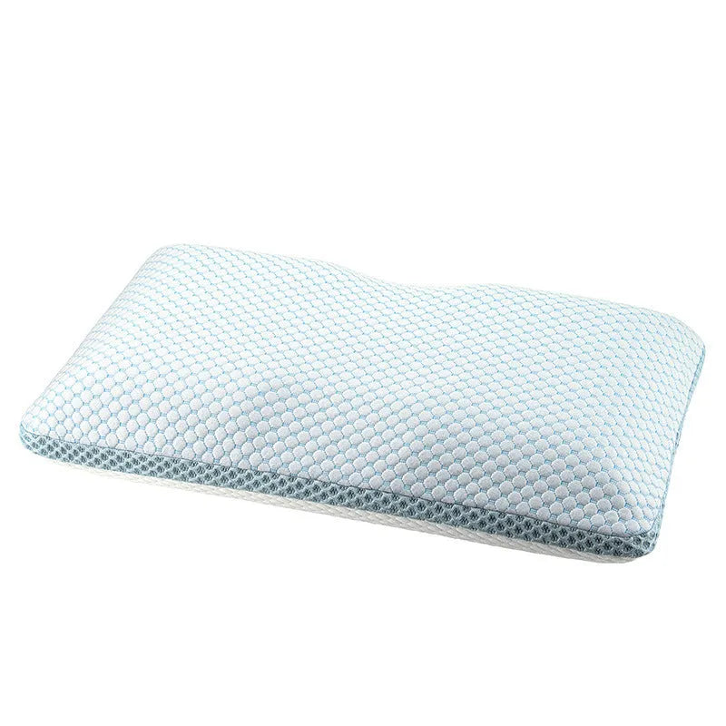 Household cervical memory foam pillow in size 63x36x13.5cm with ergonomic shape and air layer cover on bed
