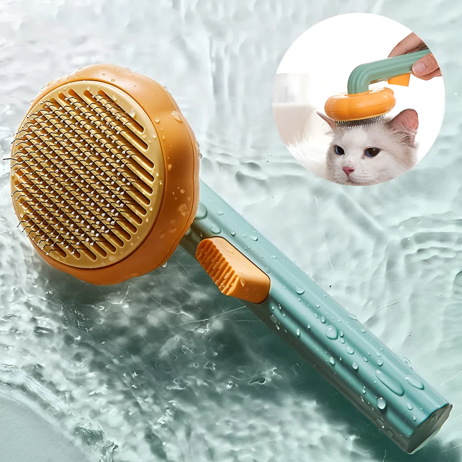 Pumpkin-coloured hand-held pet brush with curved stainless steel teeth for grooming cats and dogs