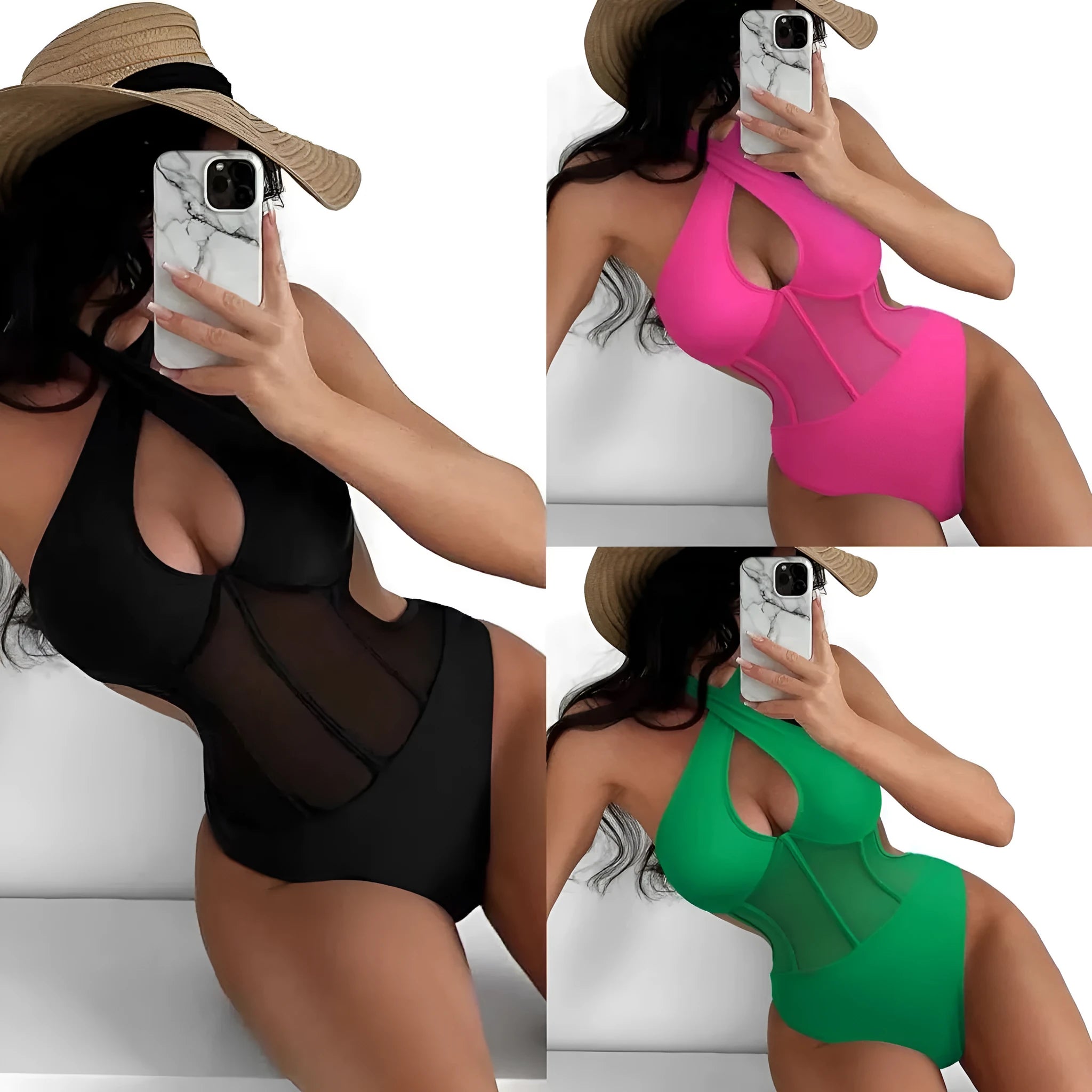 Women's black one-piece nylon swimsuit laid flat, showing its style and material.