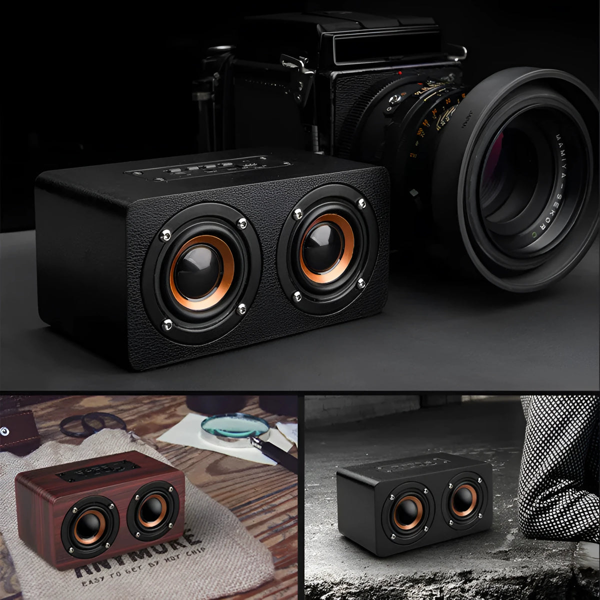 Mini Bluetooth speaker with wood shell, 8-inch dual speakers, graffiti colour, on a desk