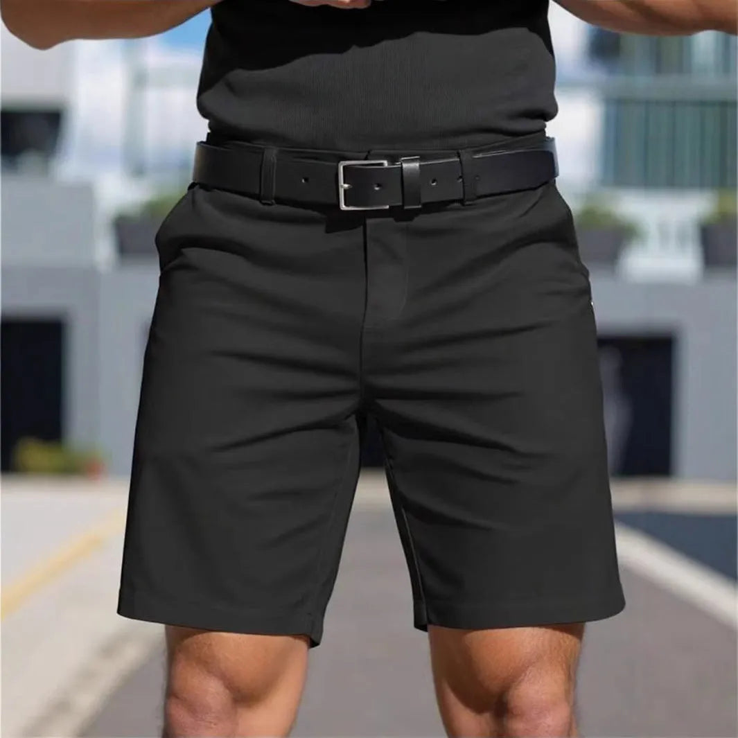 Men's solid colour fifth pants with straight cut and micro-elastic polyester fabric