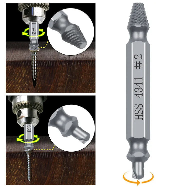 Six-piece screw remover extractor set with slip-tooth heads on a white background.