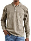 Man wearing a retro washed army green long sleeve polo shirt with a distressed lapel.