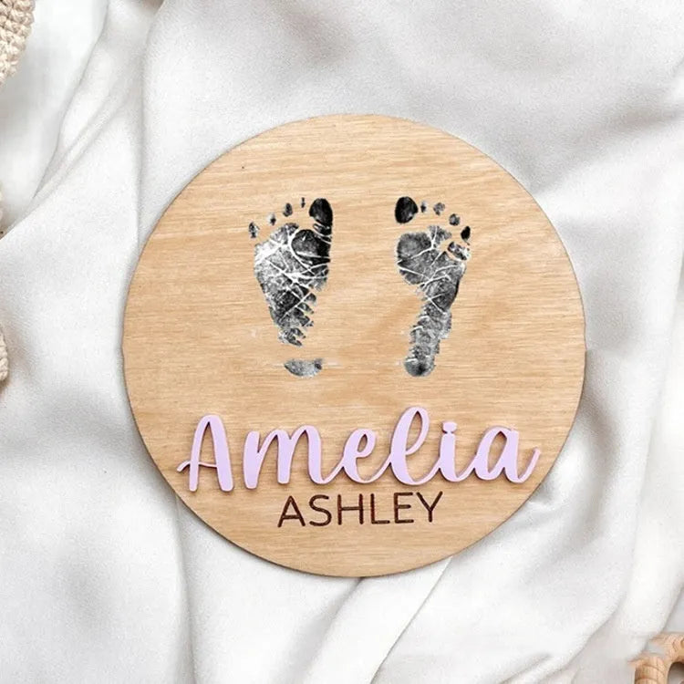 Brown limewood baby birth bulletin board with modern art design, 102mm size option