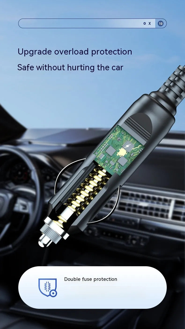 Wireless digital display car air pump and vacuum cleaner with emergency light functions.