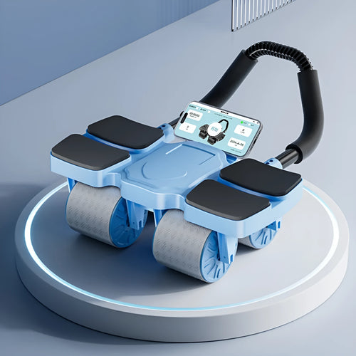 Black automatic rebound abdominal wheel with four blue wheels and textured handles on a wooden floor.