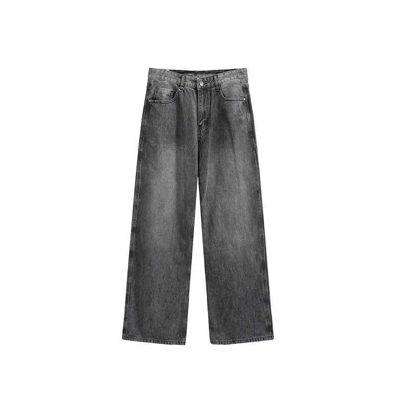 Men's washed wide leg jeans in vintage blue with straight leg cut and mid waist design