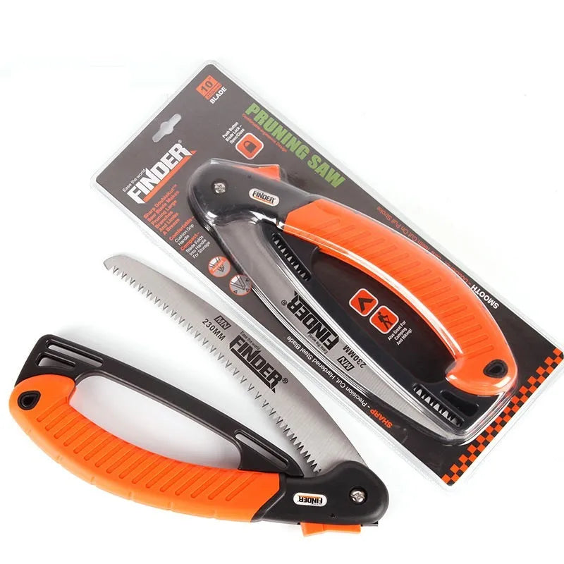 A folded and an unfolded view of a silver 230mm garden pruning saw with a black TPR grip handle.