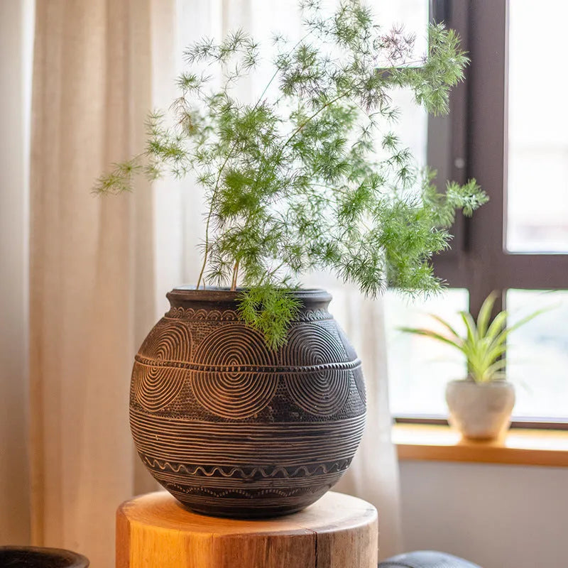 Medium cement flower pot with African ancient pot design and bottom drainage holes