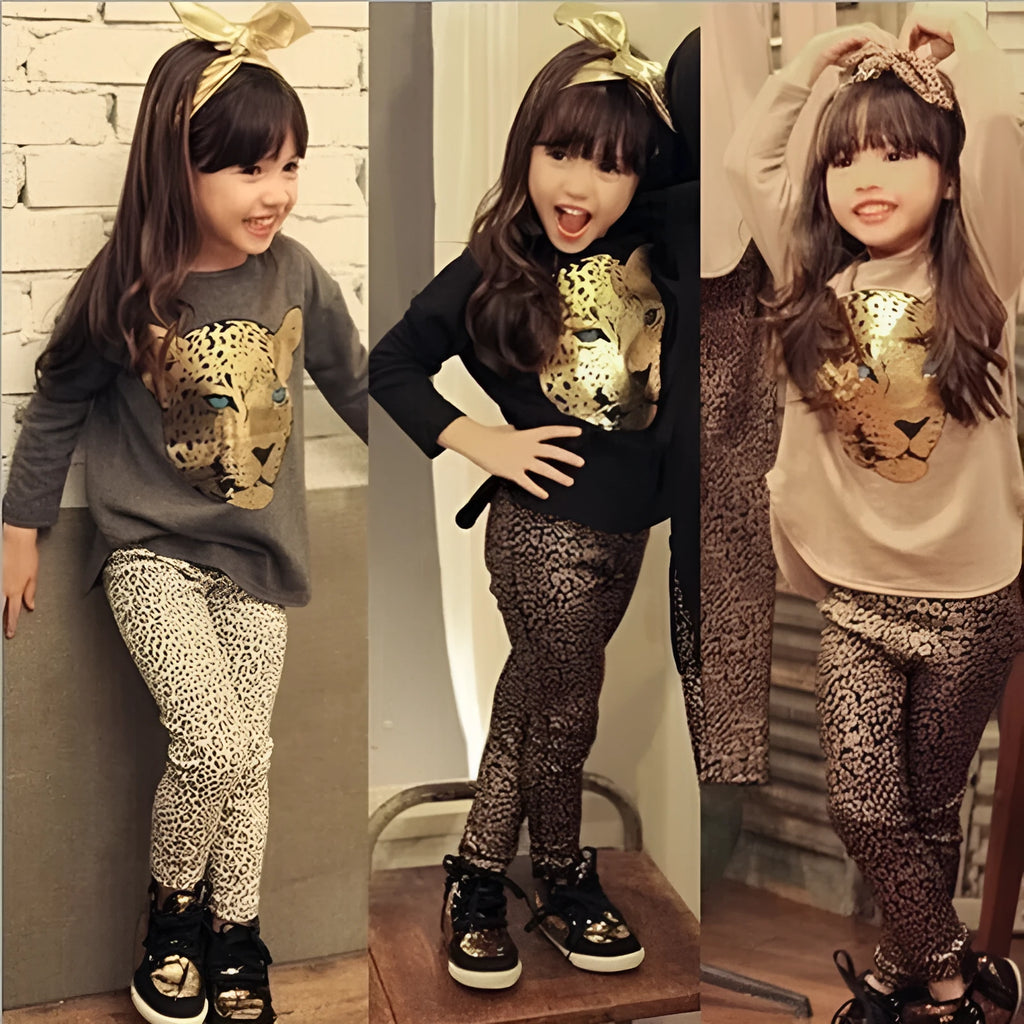Children's casual summer pants suit set in two outfits, showing short sleeves and available colours.