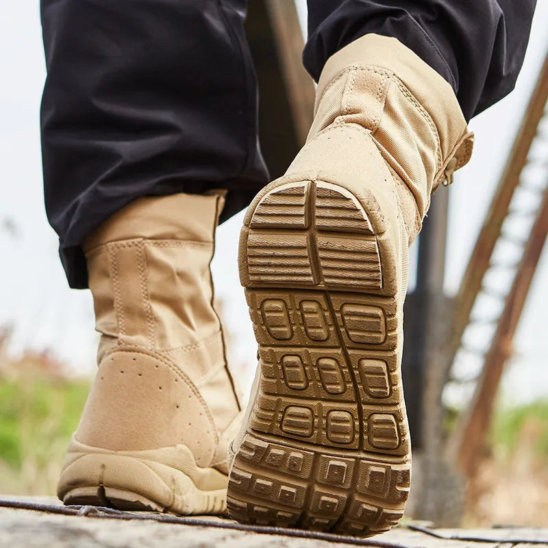 Summer Yulong unisex tactical combat and climbing boots in black and sand colours.