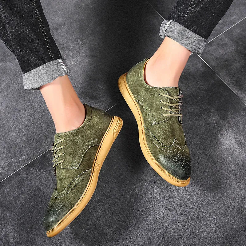 Men's grey genuine leather business shoes with retro lace-up design and rubber sole