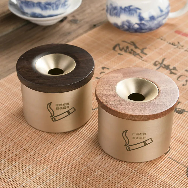 Solid copper retro ashtray with a wooden lid in black or rosewood finish.