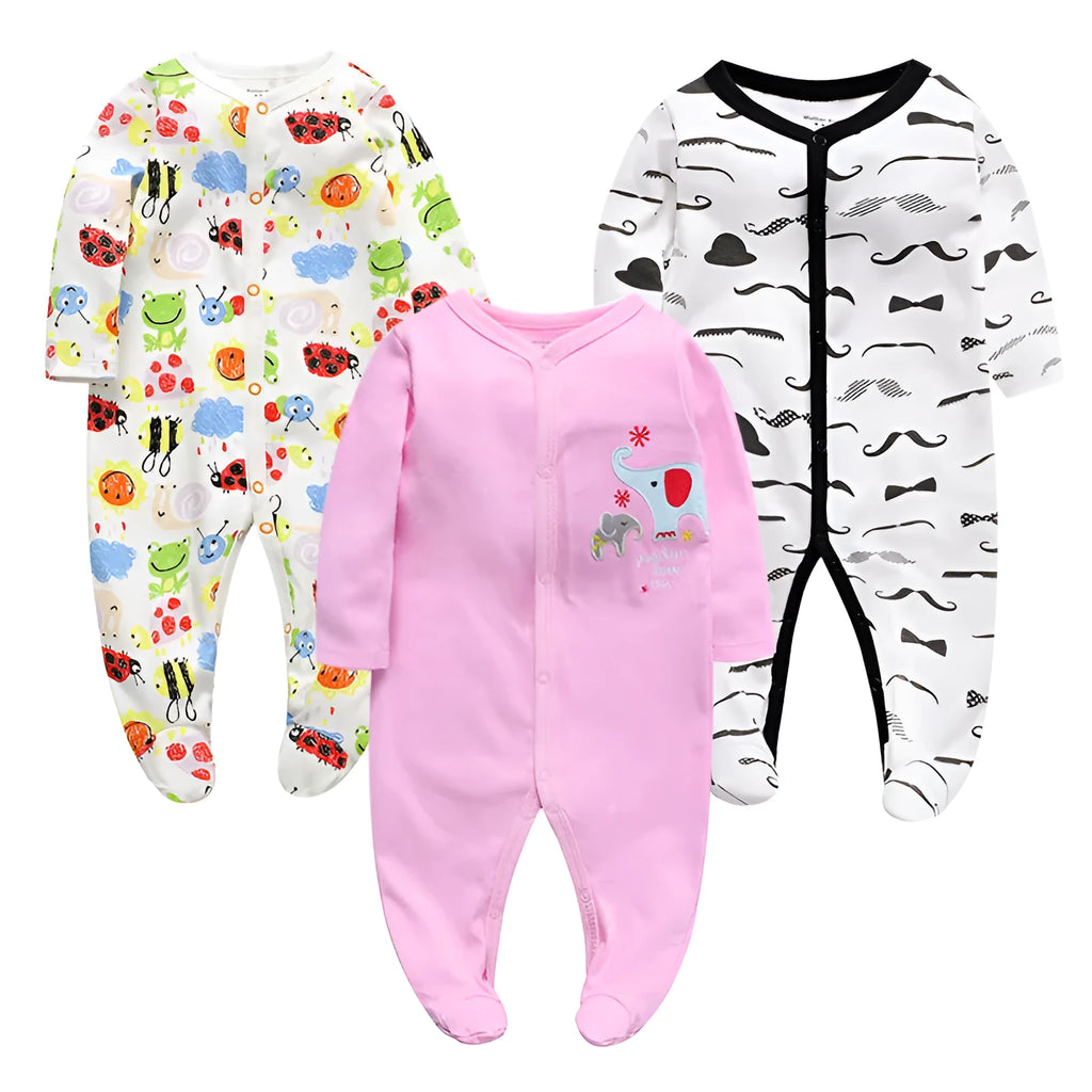A soft cotton baby one-piece garment featuring a dinosaur print, shown on a hanger.