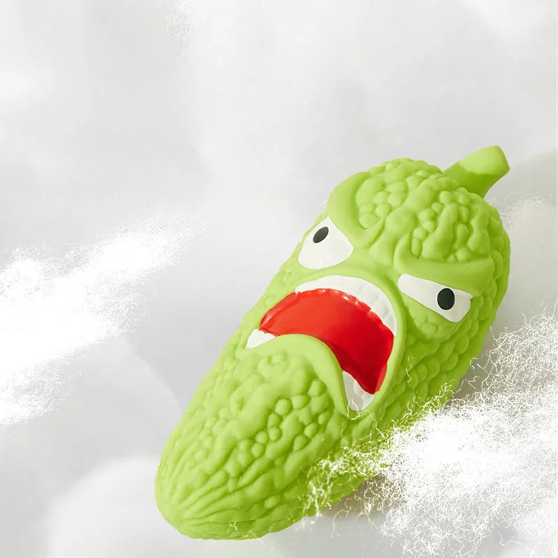 Bitter melon and chili shaped dog toys with textured surfaces for teeth cleaning and built-in sound function