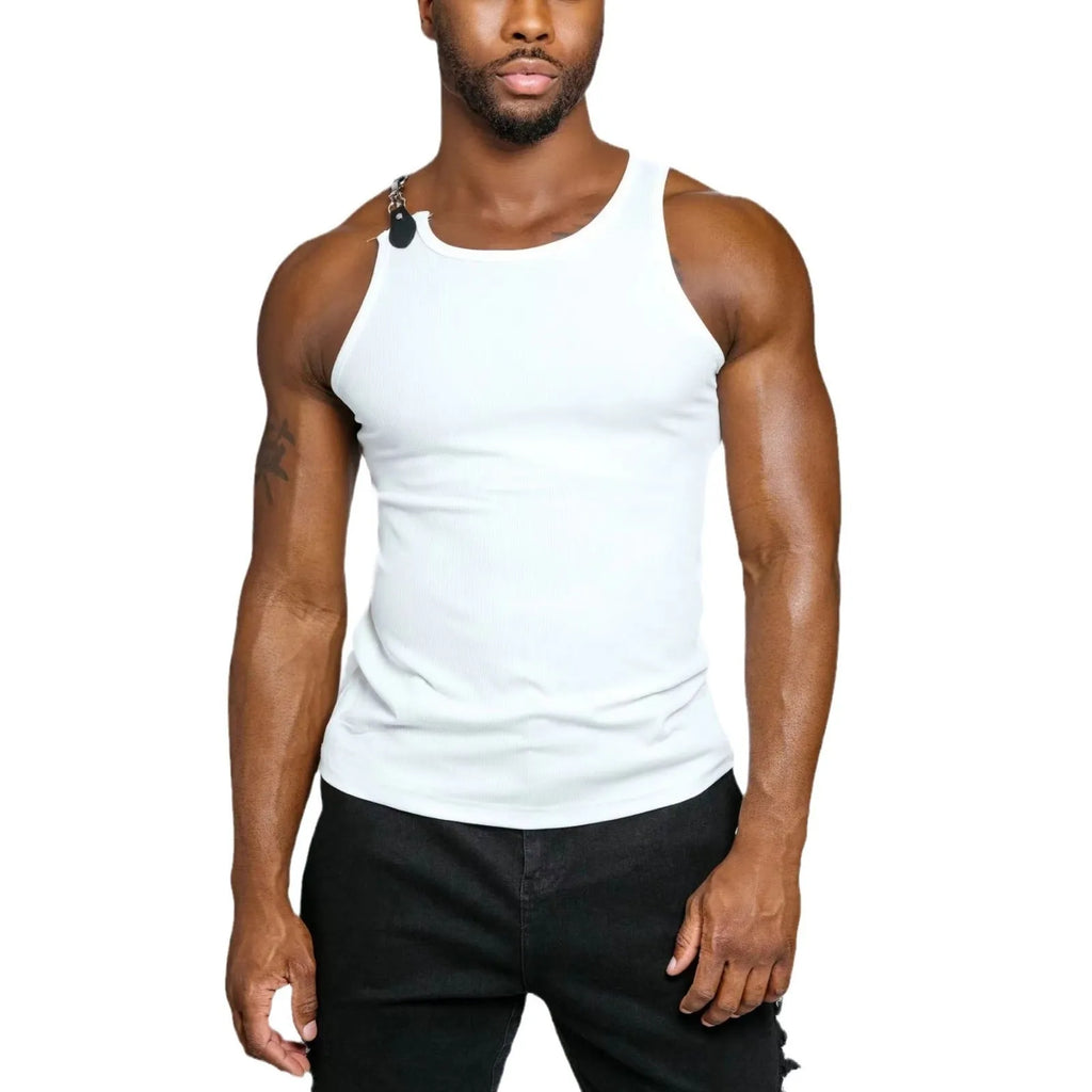 Plain black sleeveless tight-fitting vest on a hanger.