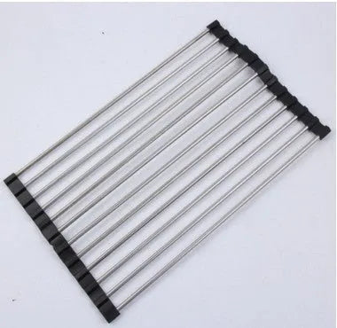 Folding stainless steel kitchen sink drying rack with multiple tubes, shown in a red finish.