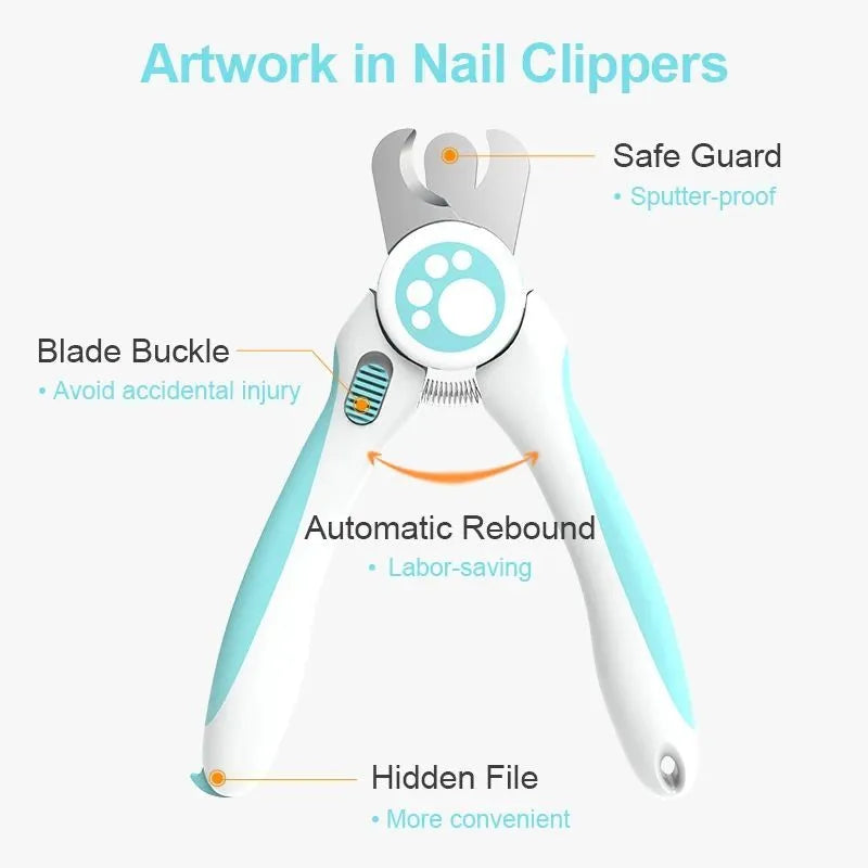 Blue and white pet nail clippers with ergonomic handle and safety stop mechanism