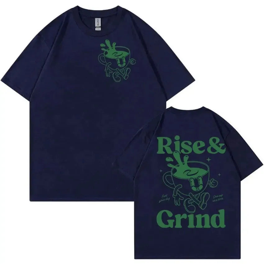 Rise And Grind Green Coffee cartoon graphic printed on a loose fit linen blend t-shirt.