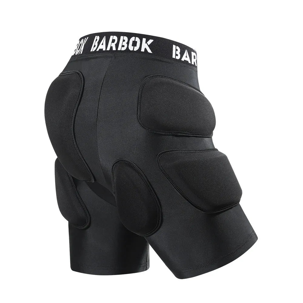 Black adult skating hip protection pad made of spandex and NBR foam on a grey background.