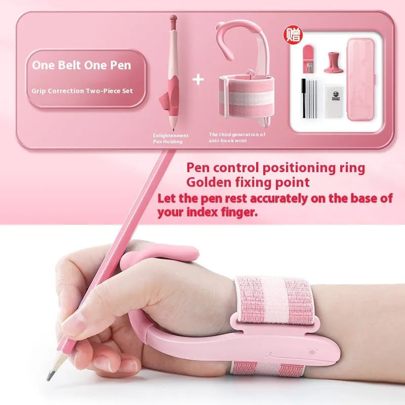 Blue anti-hook pen control corrector wrist brace on a child's hand holding a pencil.